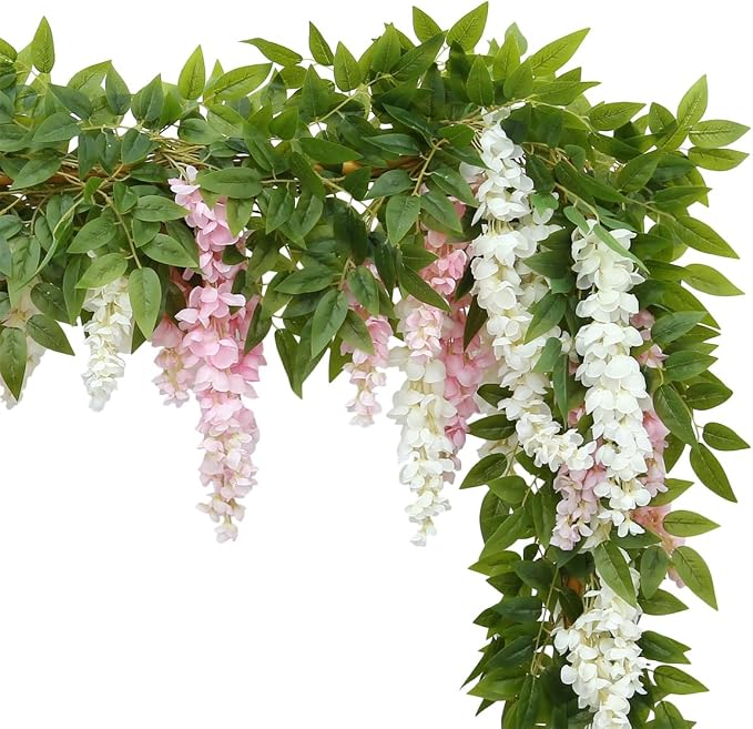 4 Pcs Two-Tone Flower Vine Artificial Wisteria Garland Silk Faux Hanging | pink-white Suitable for Home Hotel Stairs Wedding Arch Party Indoor Outdoor Decoration - Image 5