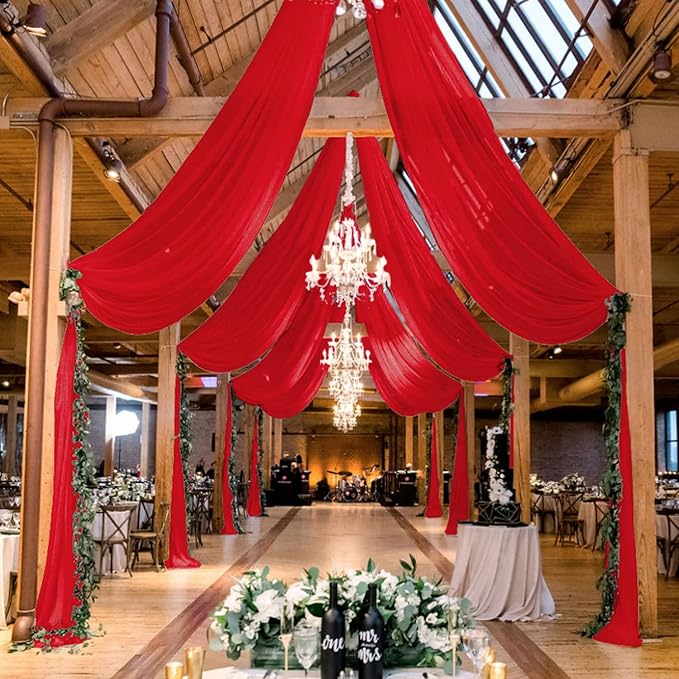MODFUNS 4 Panels Red Ceiling Drapes 5FTx20FT Chiffon Fabric Draping Fabric Sheer Wedding Ceiling Drapery Chiffon Curtains for Backdrop Swag Drape Curtains for Wedding Arches Anniversary Tent Draping by MODFUNS