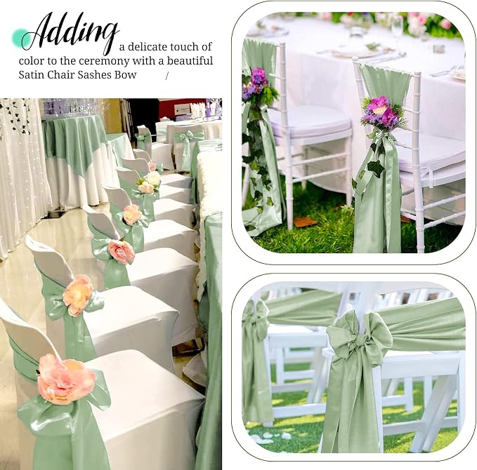 Pesonlook 100 Pcs Sage Green Satin Chair Sashes Ties, 7×108inch | Satin Chair Sashes Bows Chair Cover Back Tie Supplies for Wedding Reception Events Banquets Party, Hotel Event, Chairs Decor - Image 5