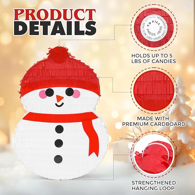 Cute Snowman Pinatas Bundle with a Blindfold and a Bat (17 x 12 x 4 Inches), Perfect for Winter Holiday boys and girls Birthday Parties, Christmas Party Decorations Games for Kids Party