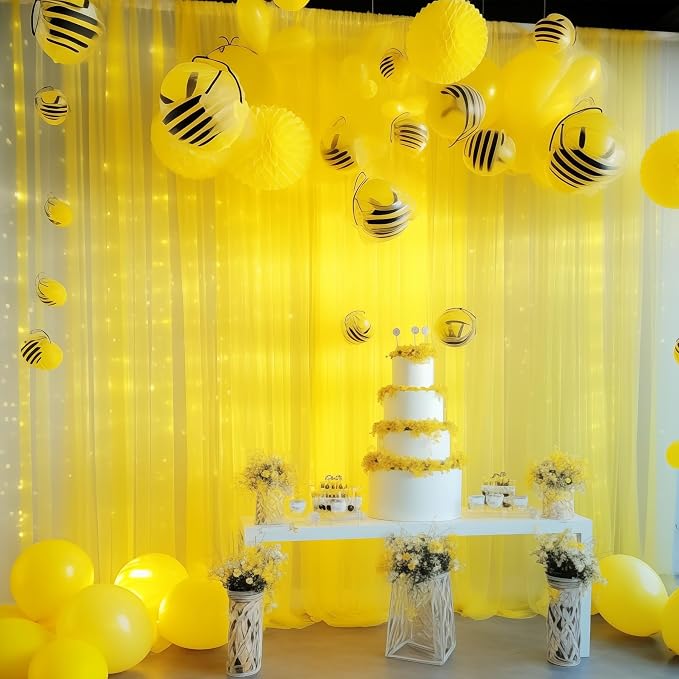 10ft x 10ft Yellow Backdrop Curtain with Lights String for Parties, Sheer Tulle Wedding Photo Backdrops Drapes for Baby Shower Birthday Party Decorations Background for Photography - Image 4