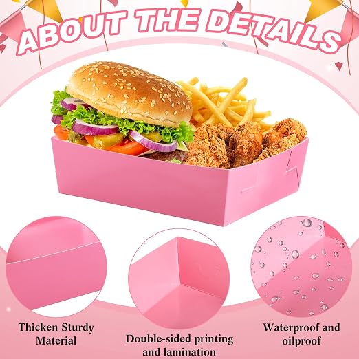 Uiifan 50 Pcs 5 lb Extra Large Paper Food Trays Disposable Food Boat Nacho Plate Serving Snack Trays Grease Resistant Self-assembly for Back to School Party Birthday Wedding Supply (Light Pink) - Image 4