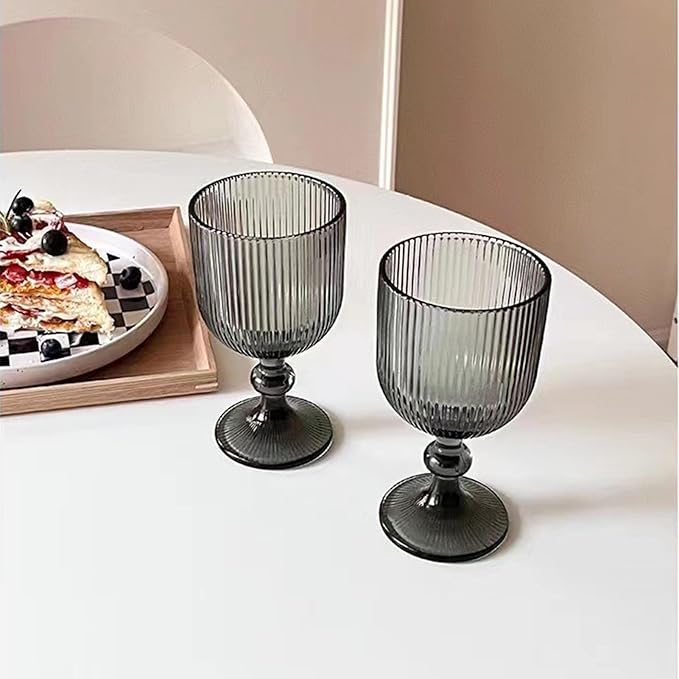 Water Goblets set of 6 Vintage Glassware 13 oz Colored Wine Glass Drinking Glass Vertical Line Embossed Pattern Stemmed Cups for Wedding Party Bar Grey