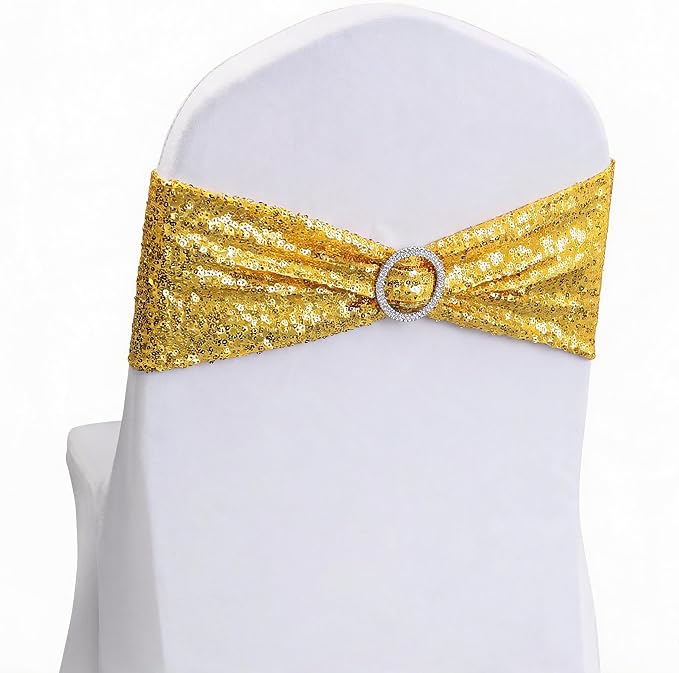Full Sparkly Sequins Gold Chair Sashes for Wedding, Shimmering Glitter Chair Bands Bows for Party Ceremony Event Decorations - 50 Pack by ZSJFMF