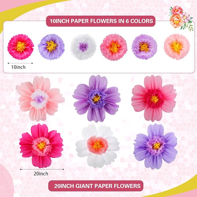 Crowye 12 Pcs Large Tissue Paper Flower Decor,10'' 20'',Bright Color | Giant Craft Crepe Paper Flower, Colorful, for Wall Decorations Backdrop Mexican Wedding Birthday Carnival School Party - Image 2