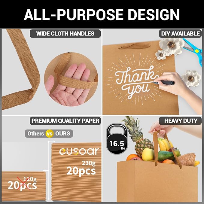 EUSOAR Large Paper Gift Wrap Bags, 12pcs 12.5" x4.5" x11" Shopping Kraft Heavy Duty Bags with Handles in Bulk, for Retail, Merchandise, Wedding, Party Favors, Grocery, Boutique, Business, Birthdays - Image 3
