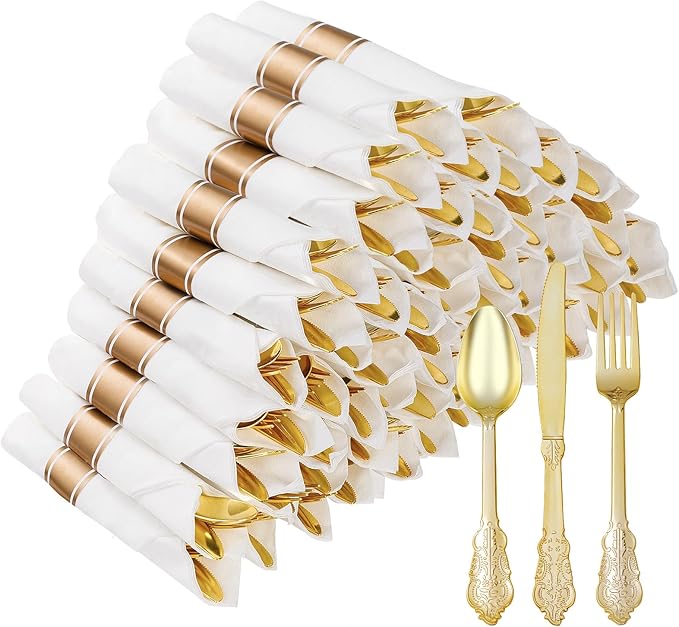 50 Pack Gold Plastic Silverware with Pre Rolled Napkins for 50 Guests, Heavyweight Gold Disposable Utensils Sets Includes 150 Plastic Cutlery, and 50 Napkins for Party & Wedding