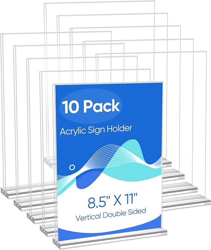 acrylic sign holder 8.5 x 11 Paper Stand 10 Pack Clear Double Side T Shape Acrylic Table Signs for Displaying, Flyer Holder Paper Card Holder for Office Business Store Mall Restaurants by ZongXing