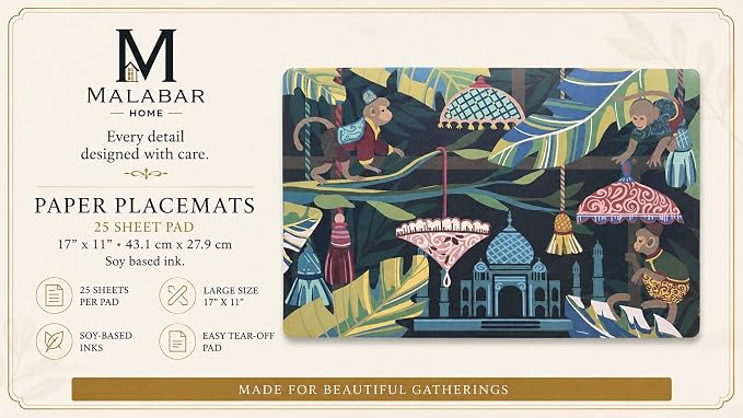 Paper Placemats Design – Monkey Massala Jungle Palace – Malabar Home | Premium Thick Paper | 25-Sheet Tear-Off Pad | Disposable | Reusable | Spill Resistant | Eco-Friendly Soy Ink | 17"x11" - Image 5