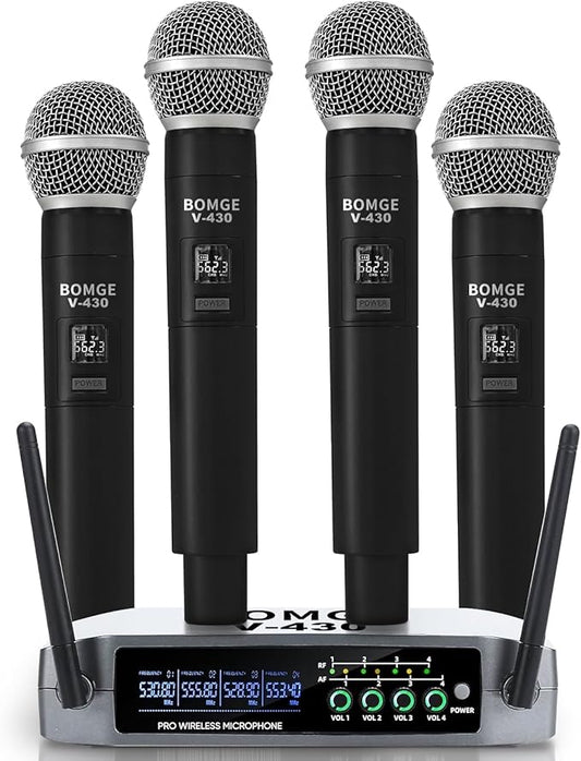 Wireless Microphone System, BOMGE Pro 4-Channel Cordless Mic Set with Four Handheld Mics, Fixed Frequency, Long Range 200ft, Ideal for Church,Karaoke, Events (V430)