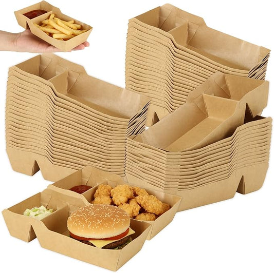 200 PCS 2 Compartment Disposable Paper Boats for Serving Food Disposable Kraft Nacho Boat Grease Resistant Snack Serving Tray with Sauce Holder Heavy Duty Nacho Trays Paper Food Snack Holder by LOPYXBR