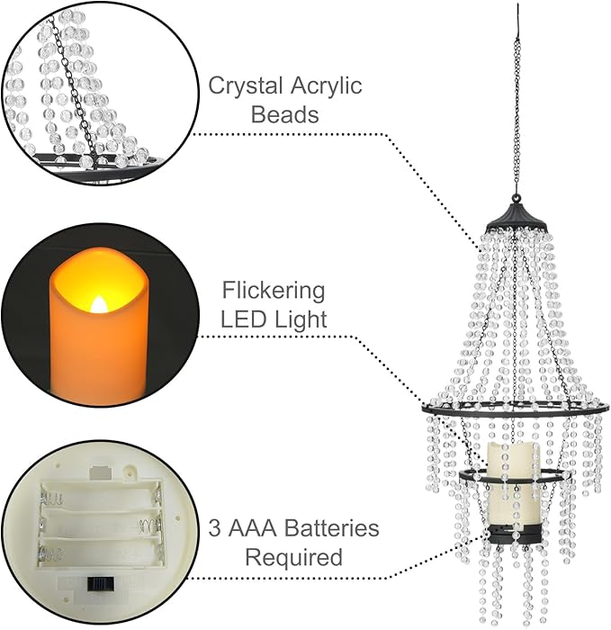 Hanging Candle Lantern Outdoor, 28” Battery Operated Modern Clear Acrylic Crystal Chandeliers with Flickering Yellow Led Candle Light S Hooks for Garden, Backyard, Gazebo, Room Indoor Indoor Decor