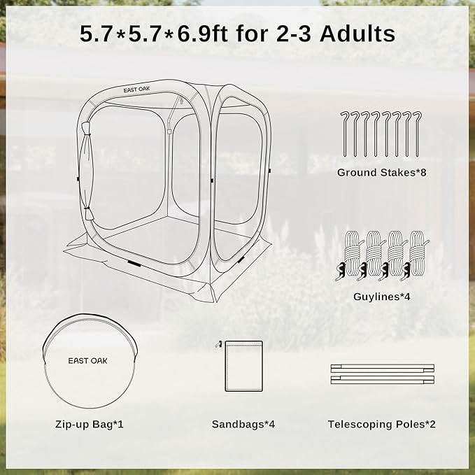 East Oak Screen House Tent Pop-Up, Portable Screen Room Canopy Instant Screen Tent 6 x 6 FT with Carry Bag for Patio, Backyard, Deck & Outdoor Activities, Brown