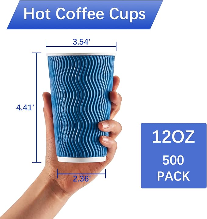 Lamosi 500 Count 12 oz Insulated Disposable Paper Coffee Cups Bulk No Lids | Corrugated Cups 12oz, Kraft Ripple Wall Design for Hot Beverage or Cold Drink Office Home Party Travel Cafe (Navy) - Image 2