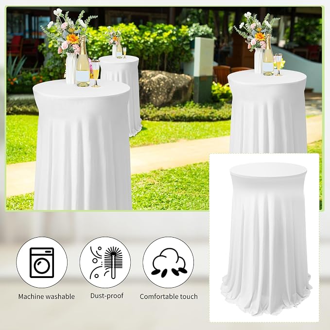Tegeme 3 Packs Spandex Cocktail Table Cover Fitted with Skirt, White | 32x43 Inch High Top Tables, Stretch Tablecloth for Weddings Parties Banquets, Fitted Covers Wrinkle Resistant Elegant Design - Image 4