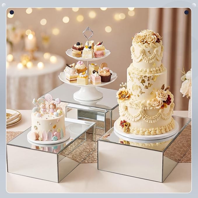 3 Pack Extra Large Acrylic Buffet Risers - 14” 13” 12” Silver Cube Display Stands with Hollow Bottoms, Table Display Boxes Set for Food Dessert Cake Drink Catering Party Supplies - Image 4