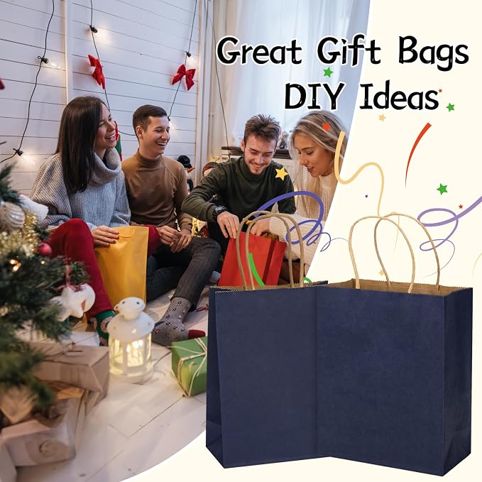 MOZRRO Gift Bags with Handles 100 Pack, 10.5x8.5x4.5 Inch Medium Size | Kraft Paper, Recycled, Sturdy Handles, Gentleman Blue, For Birthday, Bulk, Party Favor, Lunch, Gift Giving - Image 4