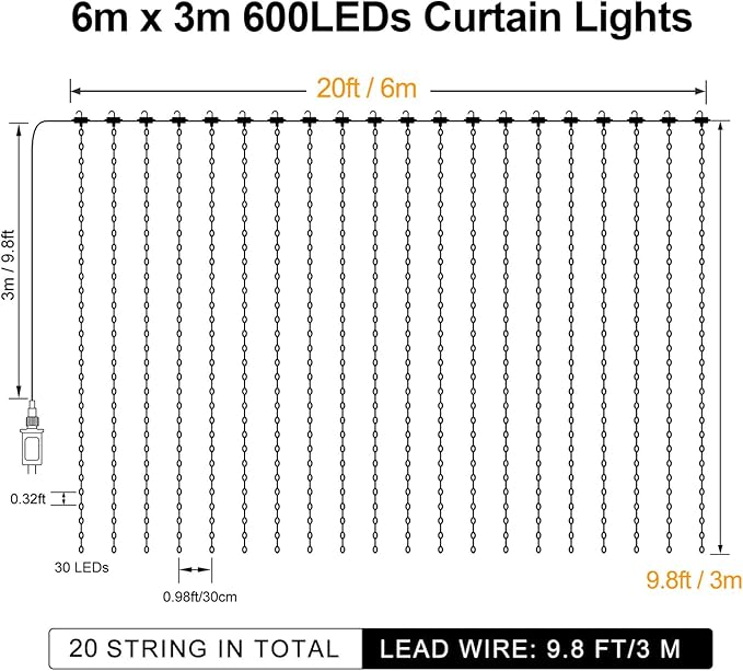 ZAIYW Curtain Lights 600 LED 20Ftx10Ft, Dual Color Changing Curtain Fairy Light Connectable with Timer Remote Waterproof for Bedroom Wedding Party Garden Outdoor Decor (Warm White & Multicolor)