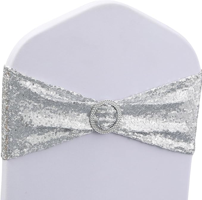 Sequin Silver Chair Sashes 100 Pack - Glitter Chair Bows Bands with Buckle for Wedding Birthday Party Bridal Shower Anniversary Engagement Christmas Events Decorations by WENSINL