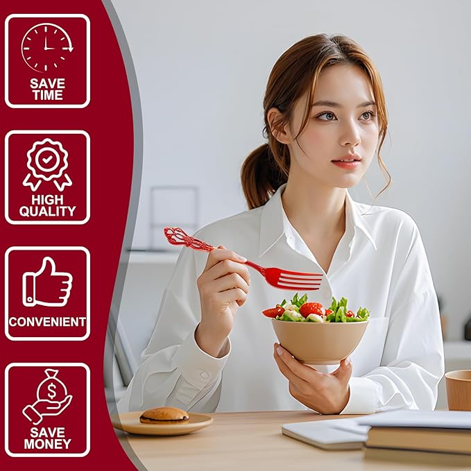 150PCS Red Plastic Silverware - Elegant Disposable Utensils - Heavy Duty Vintage Red Cutlery Sets Includes 50Forks, 50Spoons, 50Knives for Catering Dinner Party Wedding