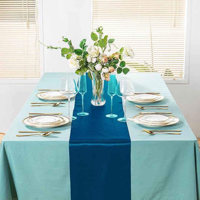 SI Pack of 5 Wedding 12 x 108 inch Satin Table Runner for Wedding, Decorations for Graduations, Engagements, Birthday Parties, Banquets, Runners fit Rectangle, Round Table - Teal Blue - Image 4