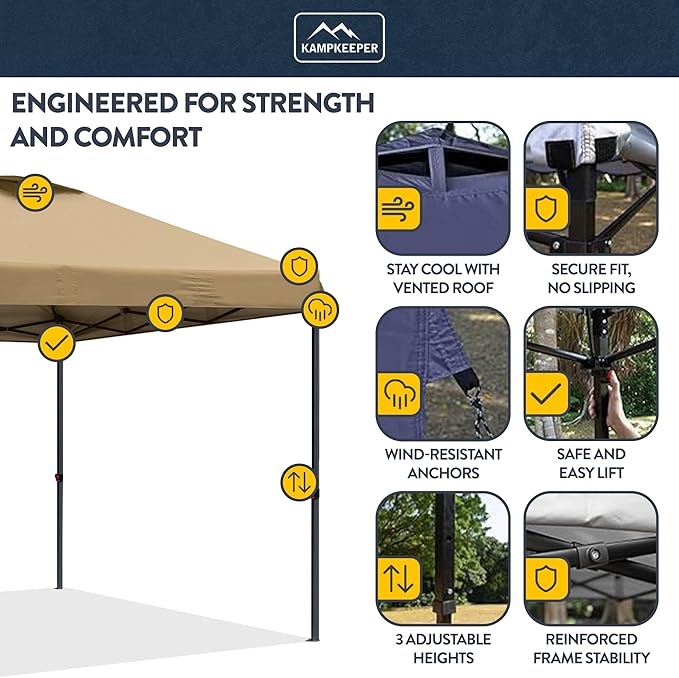 KAMPKEEPER 10x10 Pop-Up Canopy Tent, Waterproof, Portable Shade with Side Walls, Adjustable Instant Outdoor Shelter for Camping, Backyard, and Events, Khaki