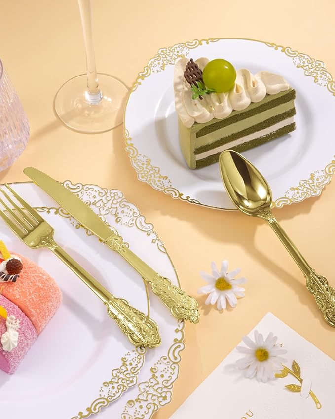 Goodluck 300 Pack Gold Plastic Silverware Set – Heavy Duty Disposable Cutlery, Includes 100 Forks, 100 Spoons, 100 Knives, Elegant Vintage Design for Weddings, Parties, Thanksgiving, and Daily Use