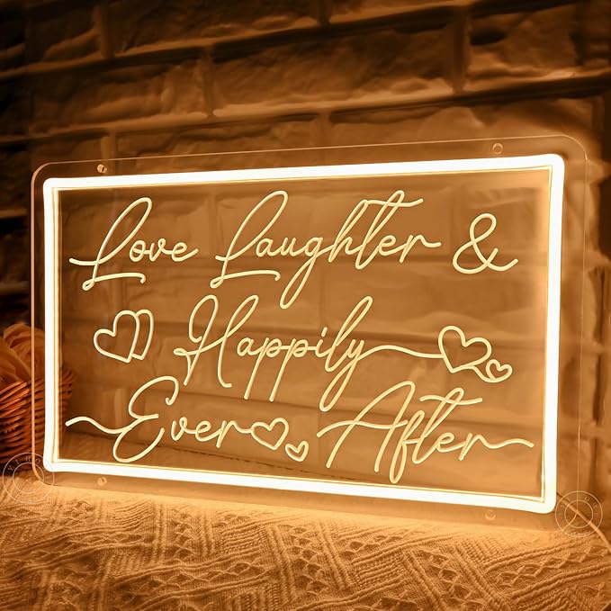 SYLHOME Led Neon Light Sign Love Laughter Happily Ever After Wedding Backdrop Home Bedroom Living Room Wall Sign Decor Birthday Christmas Party 15.75" X 9.84" USB
