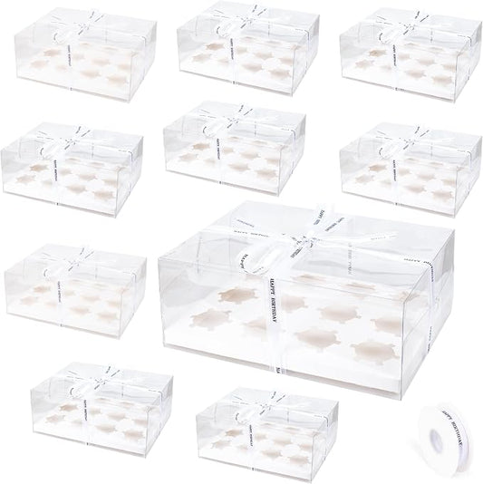 10 Pack Clear Cupcake Boxes, 12 Counts Cupcake Containers with Gift Ribbon, Plastic Cupcake Carrier Holder for Treat Dessert Cookies Muffins Pastry Baby Shower Party by KAIXUANWOOD