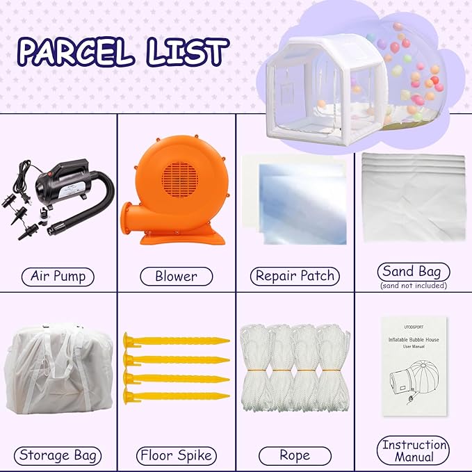 10ft Inflatable Bubble House Dome with Tunnel for Kids, Clear TPU Balloon Tent for Parties, Includes 450W Air Blower & 600W Air Pump