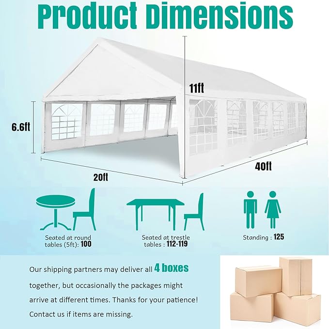 Party Tent 20X40ft Heavy Duty Large Outdoor Canopy White Event Shelter Gazebo Carport for Parties Wedding