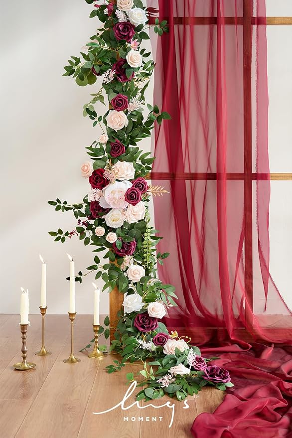 Ling's moment Burgundy Eucalyptus Flower Garland Wedding Arch 9 FT | Blush Rose & Eucalyptus, Greenery, Sweetheart Table Decor, Marsala Floral Garland for Mantle, Centerpieces, Backdrop - Image 2