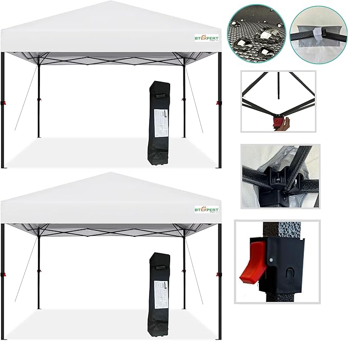 BTExpert 10x10 Set of 2, One Push Instant Canopy Pop Up Tent Easy 1-Touch Portable Folding Shelter Outdoor Gazebo Shade w/Adjustable Height Carrying Wheeled Bag Party Event Picnic Easy Setup