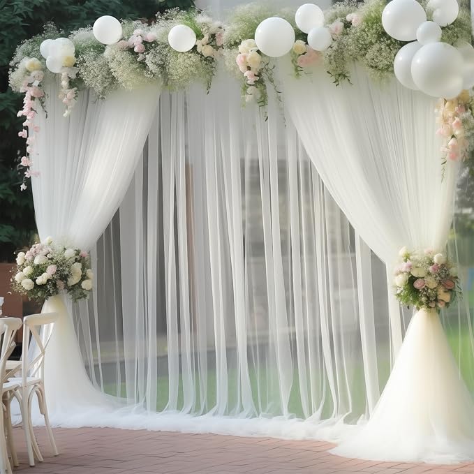 10x10 Ivory Tulle Backdrop Curtains for Parties, Sheer Backdrop Curtain Wedding Photo Background Drapes for Baby Shower Photography Birthday Party - Image 3