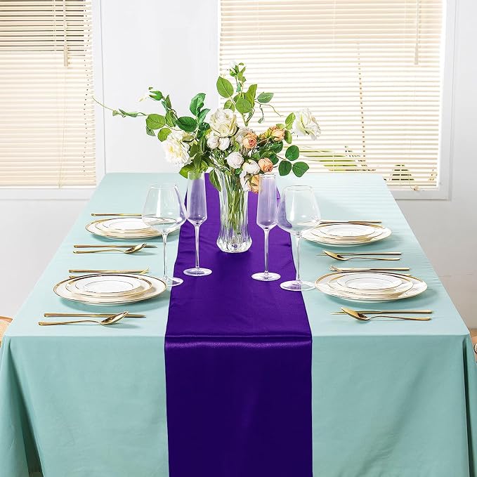 SI Pack of 10 Wedding 12 x 108 inch Satin Table Runner for Wedding, Decorations for Graduations, Engagements, Birthday Parties, Banquets, Runners fit Rectangle, Round Table - Purple - Image 4