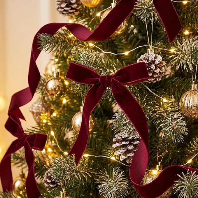 1" Burgundy Velvet Ribbon, 10 Yards Roll – Premium Flocked Velvet Fabric Trim for Christmas Gift Wrapping, Holiday Décor, Wreaths, Bows & DIY Craft Projects