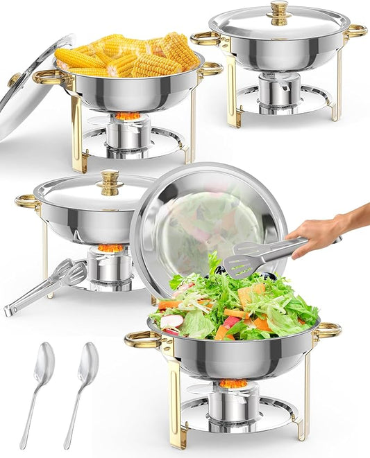 5 QT 4 Packs Chafing Dish Buffet Set, NSF Round Stainless Steel Chafers and Warmers Food Servers Sets with Lid & Lid Holder, Spoon & Tweezer for Catering Events Parties Weddings Dinners, Gold