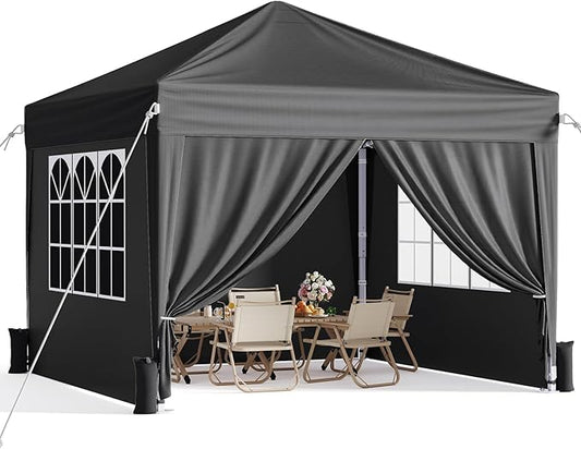10x10 Pop Up Canopy with Sidewalls, Instant Portable Canopy Tent with Carry Bag for Commercial Events, Camping, Parties - Black