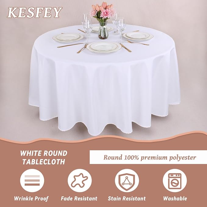 Kesfey 4 Packs White Round Table Cloths 90 Inch White Polyester Circle Bulk Linen Tablecloth Wrinkle Resistant Tablecloths Washable High Density Fabric Tablecovers for Wedding Camping Banquet Parties - Image 4