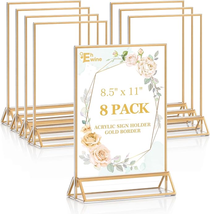EHWINE 8 Pack Acrylic Sign Holder 8.5 x 11, Gold Double-Sided Display Stand | Clear Gold Acrylic Tabletop Display with Non-Slip Mats for Menus, Flyers, Weddings, Offices, Stores and Events by EHWINE