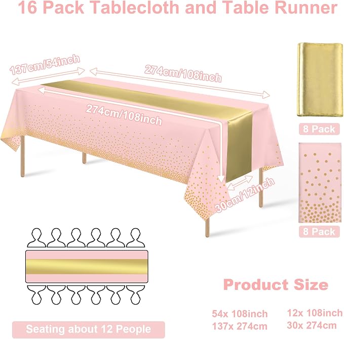 16Pack Disposable Plastic Tablecloths and Satin Table Runner Set Pink and Gold Dot Tablecloth Gold Satin Table Runner for Wedding Birthday Baby Shower Anniversary Christmas New Year Party Supplies - Image 2