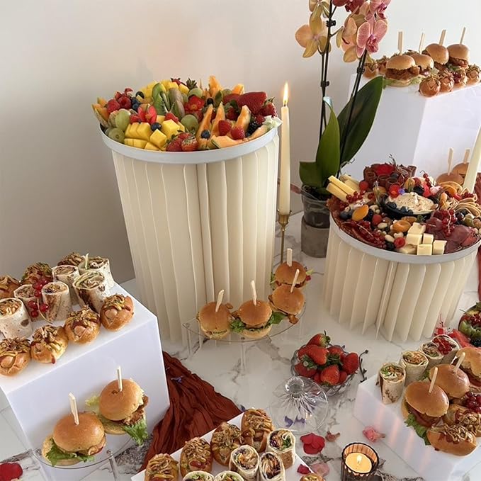5PCS Buffet Risers, Cylinder Stands for Party with Acrylic Plates, Foldable Food Display Risers, Food Risers for Buffet Table, Weddings, Baby Showers, Birthday, Events Centerpieces Decor (3.9"+5.9"+9.8"+11.8"+15.7")