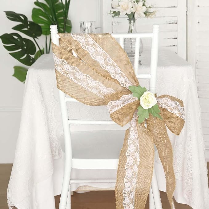 Efavormart 5"x108" | Natural Burlap with Lace Chair Sashes Covers, Hessian Fabric Rustic Jute Chair Sashes Covers, Chair Bow - Image 7