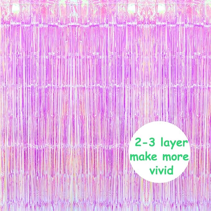 Purple Iridescent Streamer Backdrop Dazzle Tinsel Curtain Door Backdrop Photo Prop, 4 Pack 6.56 FT Glitter Fringe Curtain for Easter Bachelorette Gay Pride Day Birthdays Engagement 80s 90s Disco Party