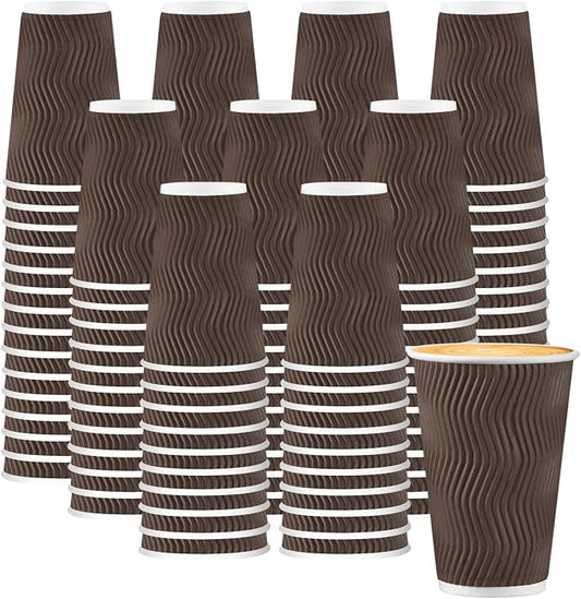 BYSNOW 500 Pack 16 oz Coffee Cups, Insulated Disposable Hot Paper Cups | Corrugated Ripple Wall Leakproof Drink Cups Without Lids Brown for Hot/Cold Beverages, Office, Home, Travel, Cafe, Party by BYSNOW