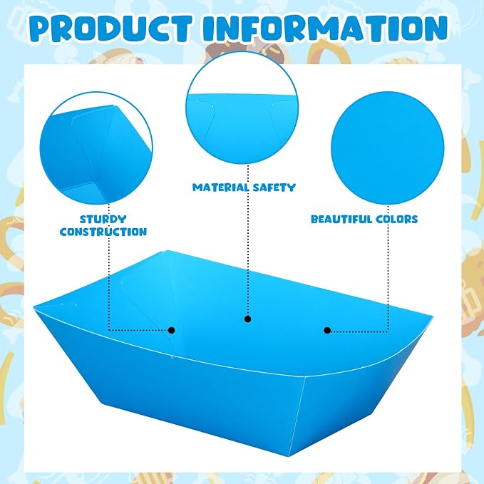 Uiifan 200 Pcs Paper Food Boats Disposable Paper Food Tray Grease Resistant Disposable Serving Tray Cardboard Hot Dog Holder for Burgers Fries Sandwiches Picnic Party (Blue) - Image 3