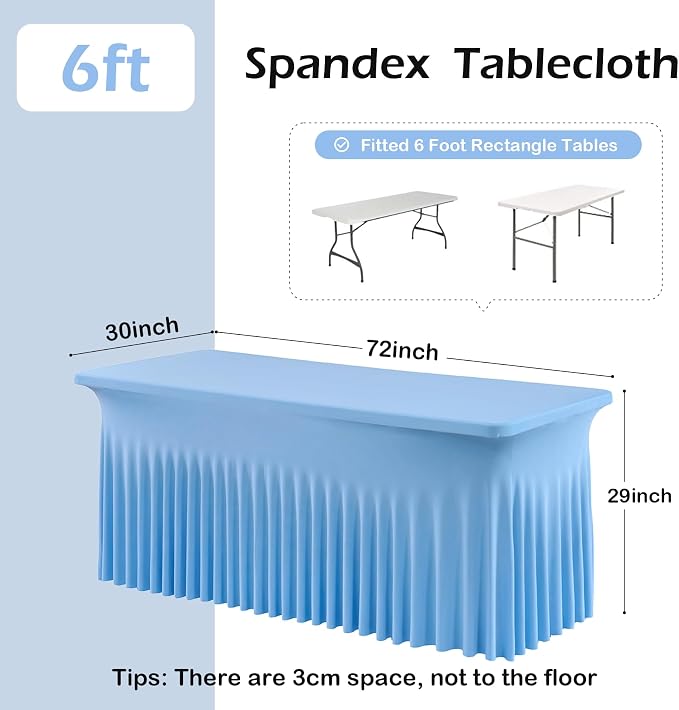 4 pk Baby Blue Spandex Tablecloth 6ft with Ruffle Skirt, Wrinkle Free High Stretch Fitted Tablecloths for 6 Foot Rectangle Tables, Blue Eastic Spandex Table Covers 6ft for Parties Banquet Weddings - Image 4