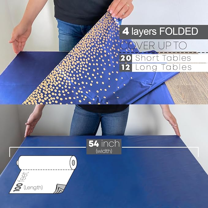 Neatiffy Disposable Plastic Table Cloth Roll with Slide Cutter | Waterproof Cover for Rectangle, Square, Oval Tables | Picnic, Party, Banquet, Birthdays, Weddings - Blue with Gold Dots - Image 4