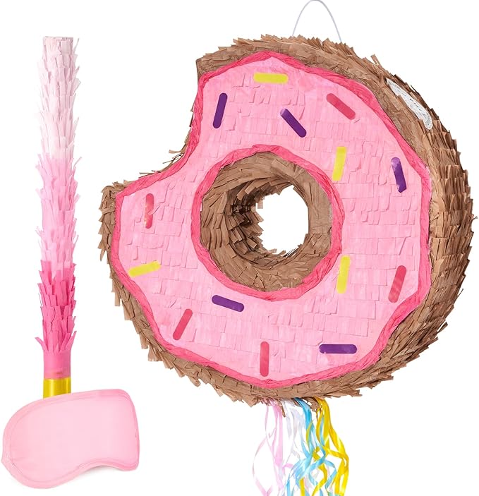 WERNNSAI Donut Piñata - Pink Donut Pinata with String Birthday Party Decorations Piñata with Stick Blindfold for Girls Kids Dount Pull String Pinata Family Games Birthday Party Supplies