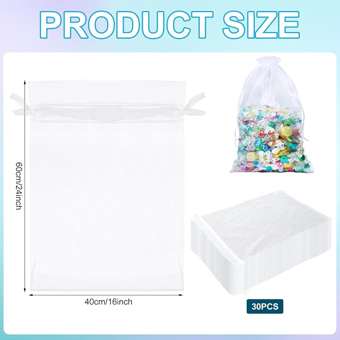 Sweetude 30 Pcs 16 x 24 Inches Extra Large Drawstring Organza Bags Mesh Gift Drawstring Pouches Mesh Jewelry Bags for Party Wedding Favor Candy Vegetables Growing Plants (White) - Image 3